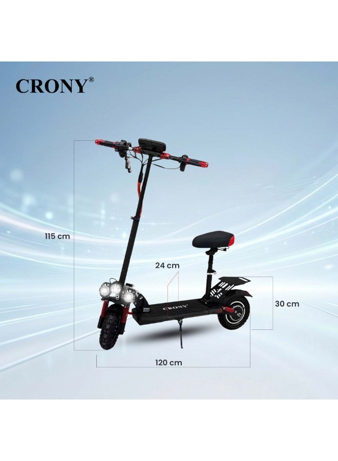 Crony V10 Big LED Display 1200W Motor E-Scooter, 55km/h Max Speed ,25-35KM Range, 48V 14AH Battery, 10” Off-Road Rubber Tires, Dual Disc Brakes, Front & Rear Suspension, Foldable Aluminum Frame, Triple LED Headlights, LED Base Lighting, Electric Scooter for Adults/Teens with Seat, Heavy Duty 120kg Load Capacity, Fast Urban Commuter E-Skateboard for Teens and Adults, Long Range, E-bike with pneumatic Tires and Easy Folding Design, Fast Urban Commuter Motorized Scooter,Perfect Scooter for Outdoor Adventures Red - Image 5