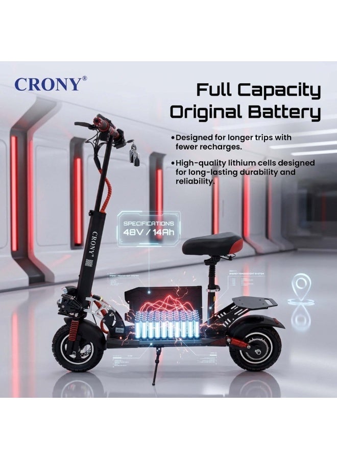 Crony V10 Big LED Display 1200W Motor E-Scooter, 55km/h Max Speed ,25-35KM Range, 48V 14AH Battery, 10” Off-Road Rubber Tires, Dual Disc Brakes, Front & Rear Suspension, Foldable Aluminum Frame, Triple LED Headlights, LED Base Lighting, Electric Scooter for Adults/Teens with Seat, Heavy Duty 120kg Load Capacity, Fast Urban Commuter E-Skateboard for Teens and Adults, Long Range, E-bike with pneumatic Tires and Easy Folding Design, Fast Urban Commuter Motorized Scooter,Perfect Scooter for Outdoor Adventures Red - Image 4