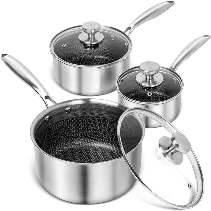 STAINLESS STEEL SAUCEPAN SET 1QT 2QT 3QT PREMIUM TRIPLE PLY SAUCE PAN WITH LID SAUCE POT WITH HONEYCOMB INTERIOR 6PCS