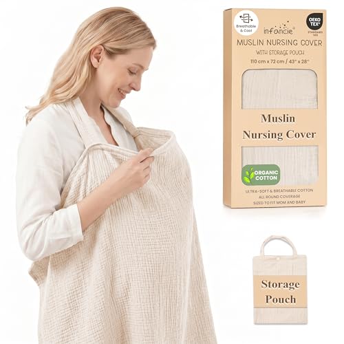 Infancie 100 Organic Cotton Nursing Cover Shawl 43 x 28 Inch Breathable Muslin Breastfeeding Nursing Apron Cover with Arch Neckline for Mothers Multiuse Carseat Canopy Ivory - Image 1
