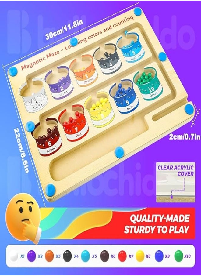 MIXDE - Wooden Magnetic Maze for Toddler, Magnetic Color and Number Maze, Montessori Wooden Color Matching Learning Counting Puzzle Board, Counting Matching Activities Fine Motor Skills Toys for Kids - Image 1
