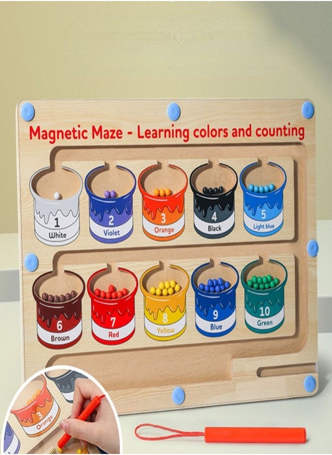 MIXDE - Wooden Magnetic Maze for Toddler, Magnetic Color and Number Maze, Montessori Wooden Color Matching Learning Counting Puzzle Board, Counting Matching Activities Fine Motor Skills Toys for Kids - Image 1
