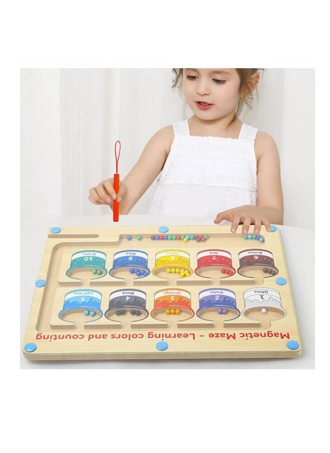 MIXDE - Wooden Magnetic Maze for Toddler, Magnetic Color and Number Maze, Montessori Wooden Color Matching Learning Counting Puzzle Board, Counting Matching Activities Fine Motor Skills Toys for Kids - Image 1
