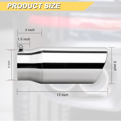 Vurkcy 4 inch Inlet Exhaust Tip, 5" Outlet 12" Overall Length Stainless Steel Exhaust Tail Pipe, Bolt-On, Rolled Edge, Slant Sleek Angle Cut, Polished Tailpipe, Silvery - Image 3