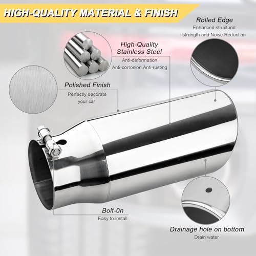Vurkcy 4 inch Inlet Exhaust Tip, 5" Outlet 12" Overall Length Stainless Steel Exhaust Tail Pipe, Bolt-On, Rolled Edge, Slant Sleek Angle Cut, Polished Tailpipe, Silvery - Image 2