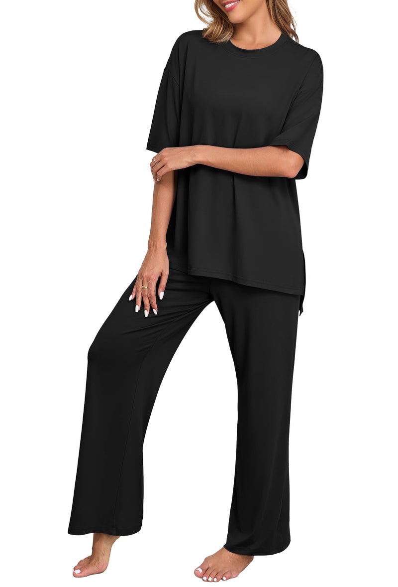 PrinStory Womens Pajamas Sets 2 Piece Lounge Set Short Sleeve Tops and Long Pants Soft Pjs Loungewear with Pockets Black-3XL - Image 1