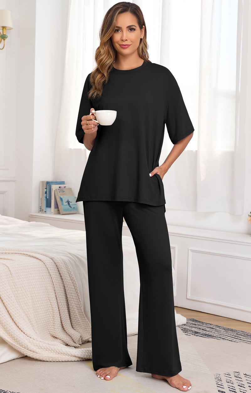 PrinStory Womens Pajamas Sets 2 Piece Lounge Set Short Sleeve Tops and Long Pants Soft Pjs Loungewear with Pockets Black-3XL - Image 5