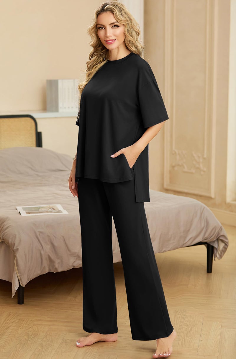 PrinStory Womens Pajamas Sets 2 Piece Lounge Set Short Sleeve Tops and Long Pants Soft Pjs Loungewear with Pockets Black-3XL - Image 3