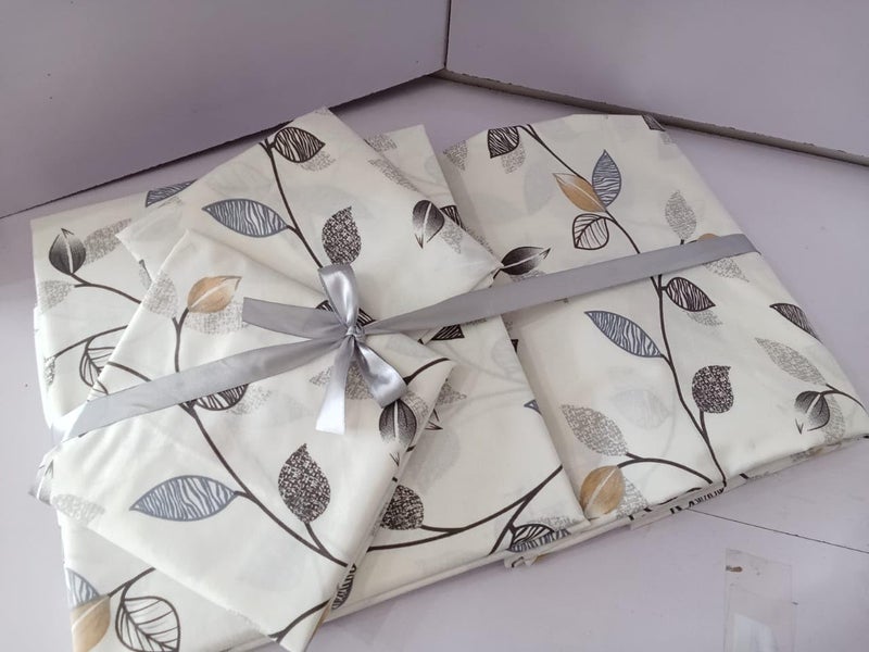 Luxury Duvet Cover Set, Amreya Cotton, White with Grey and Beige Leaves Pattern, Size 225x240cm, 2 Pillow Shams 50x70cm, Zipper Anti-Pilling