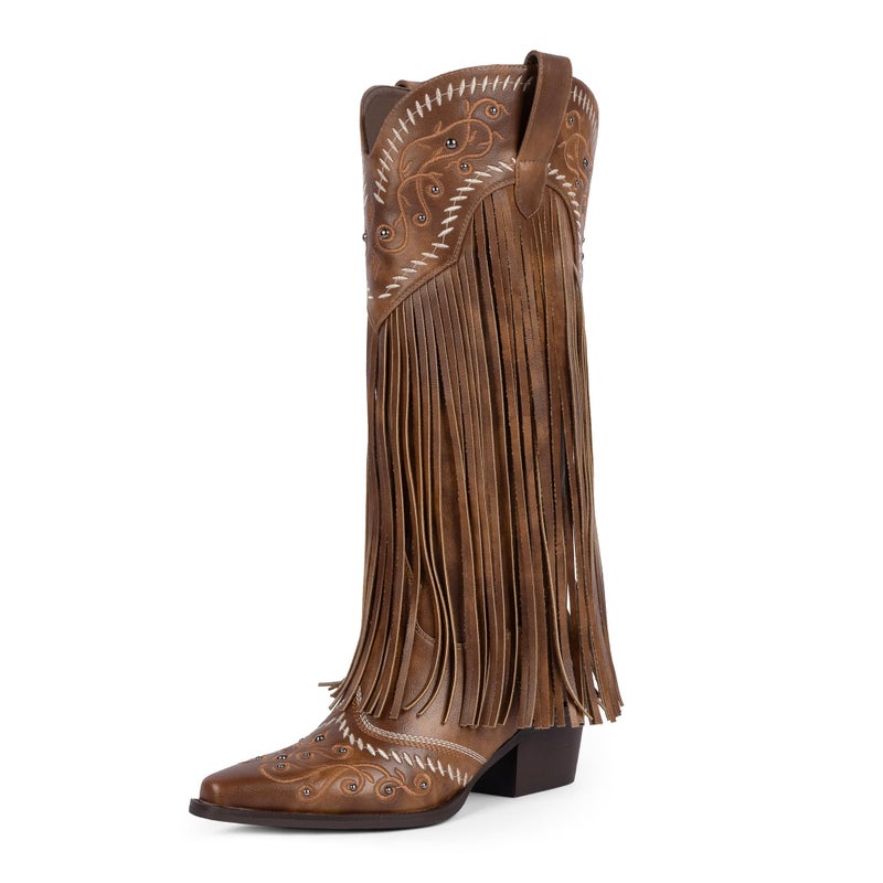 Modatope Brown Cowboy Boots Women Fringe Embroidered Cowgirl Boots for Women Brown Knee High Boots Size 6 - Image 1