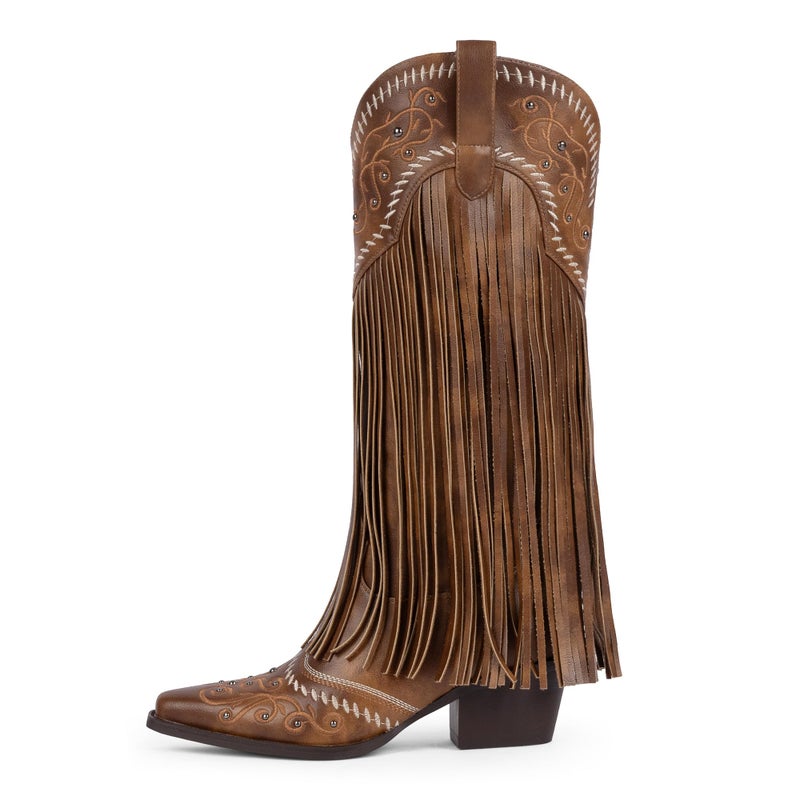 Modatope Brown Cowboy Boots Women Fringe Embroidered Cowgirl Boots for Women Brown Knee High Boots Size 6 - Image 4