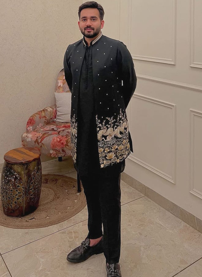 KISAH Black & Gold Solid Kurta with Trousers and Nehru Jacket - Image 1