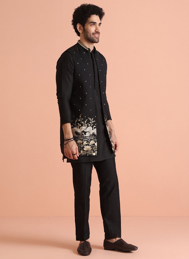 KISAH Black & Gold Solid Kurta with Trousers and Nehru Jacket - Image 3