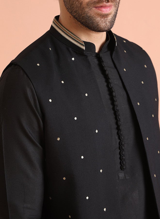 KISAH Black & Gold Solid Kurta with Trousers and Nehru Jacket - Image 2