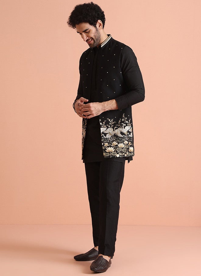 KISAH Black & Gold Solid Kurta with Trousers and Nehru Jacket - Image 4