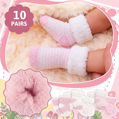 Twistover 10 Pairs Preemie Baby Terry Cotton Turn Cuff Socks for Newborn Girls Boys - Nicu(Pink, White,Preemie) - Image 3