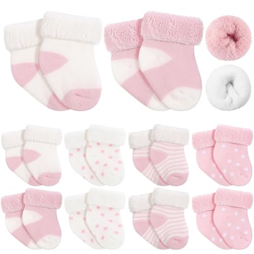 Twistover 10 Pairs Preemie Baby Terry Cotton Turn Cuff Socks for Newborn Girls Boys - Nicu(Pink, White,Preemie) - Image 1