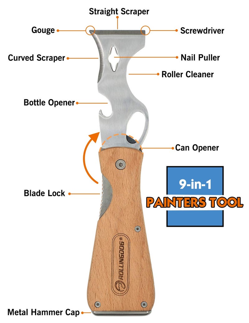 ROLLINGDOG Paint Scraper-Folding Painters Tool 9-in-1 Beech Wooden Handle Includes Paint Roller Cleaner, Nail Puller, Putty Knife Scraper, Hammer End - Image 2