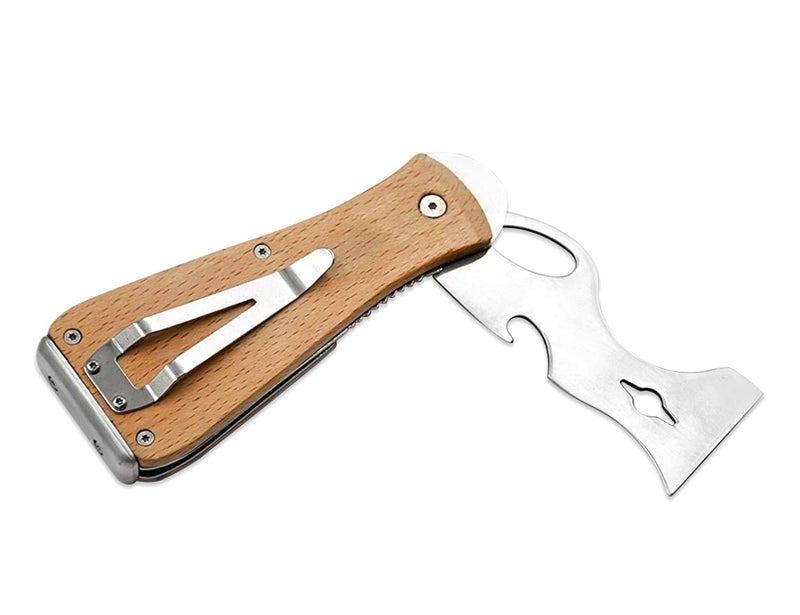 ROLLINGDOG Paint Scraper-Folding Painters Tool 9-in-1 Beech Wooden Handle Includes Paint Roller Cleaner, Nail Puller, Putty Knife Scraper, Hammer End - Image 1