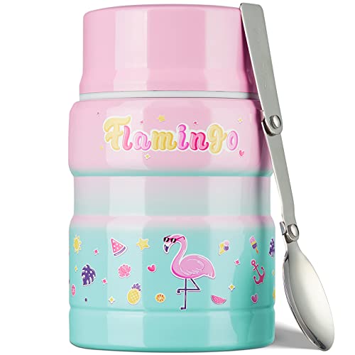 Charcy 17oz Thermo for Hot Food, Insulated Lunch Food Container with Folding Spoon QB - Gradient Pink Cyan Flamingo - Image 1