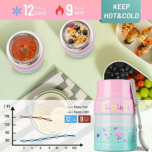Charcy 17oz Thermo for Hot Food, Insulated Lunch Food Container with Folding Spoon QB - Gradient Pink Cyan Flamingo - Image 4