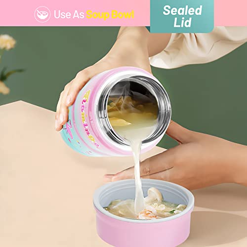Charcy 17oz Thermo for Hot Food, Insulated Lunch Food Container with Folding Spoon QB - Gradient Pink Cyan Flamingo - Image 5