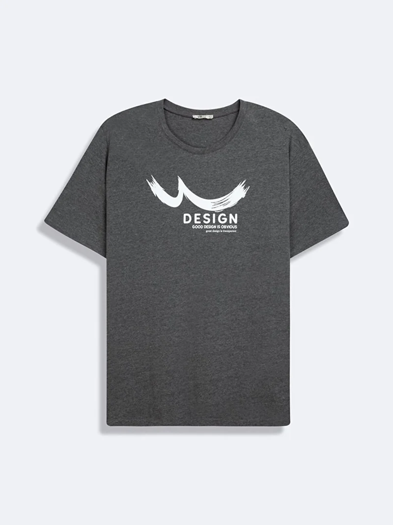 Short Sleeve Crew Neck Sign Printed Anthracite T-Shirt