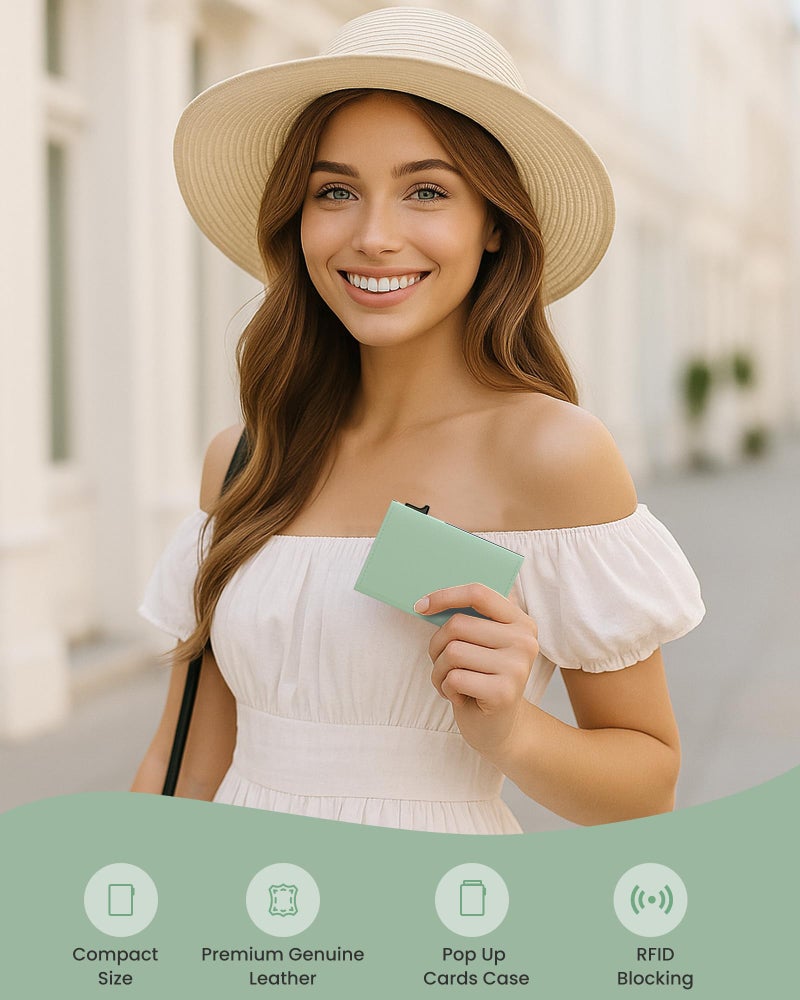 typecase Womens Wallet Card Holder: Pop Up Card Case, Genuine Leather, RFID Blocking, Slim, Minimalist, Thin, Small Size - 9-14 Card Capacity, ID Window, Cash Pocket (Sage Green) - Image 2