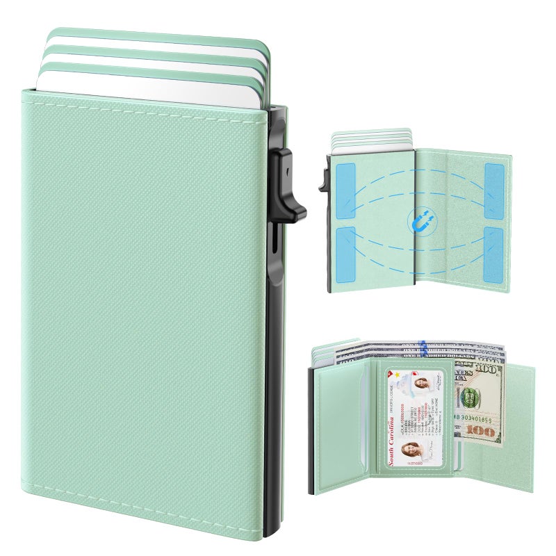 typecase Womens Wallet Card Holder: Pop Up Card Case, Genuine Leather, RFID Blocking, Slim, Minimalist, Thin, Small Size - 9-14 Card Capacity, ID Window, Cash Pocket (Sage Green) - Image 1
