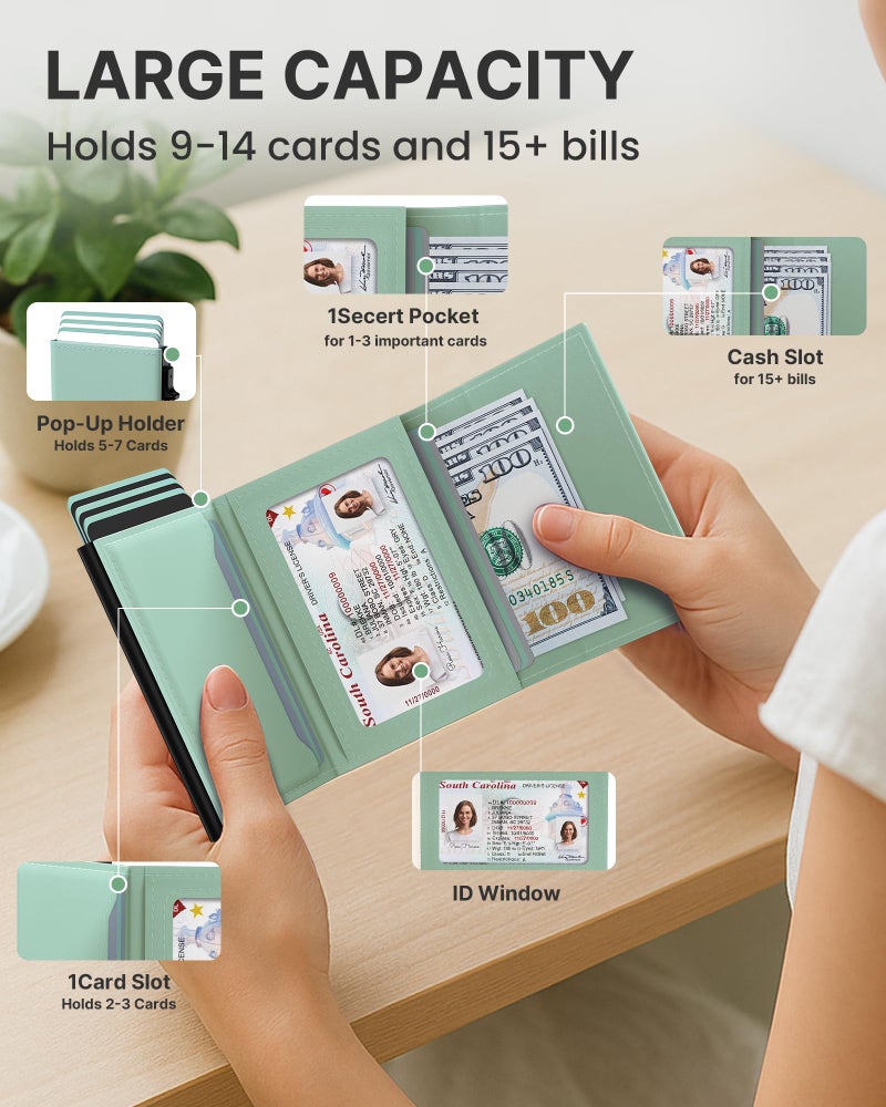 typecase Womens Wallet Card Holder: Pop Up Card Case, Genuine Leather, RFID Blocking, Slim, Minimalist, Thin, Small Size - 9-14 Card Capacity, ID Window, Cash Pocket (Sage Green) - Image 3