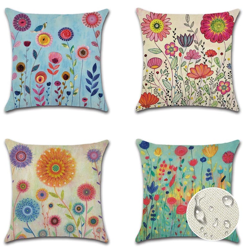 JOTOM Outdoor Waterproof Throw Pillow Covers 45x45 cm Watercolor Floral Decorative Cushion Covers Garden Patio Furniture Pillowcases for Couch Indoor Sofa Bench Farmhouse Home Decor Pack of 4 Flower