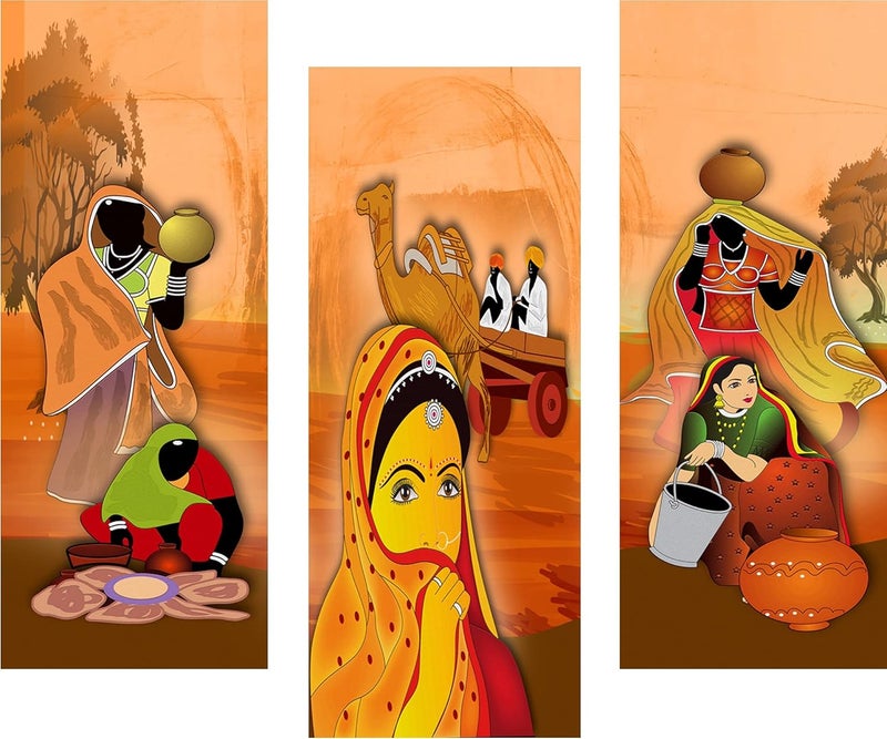 Masstone UV Laminated Print Rajasthani Village Women Modern Wall Art Multicolor Vintage 15 x 18 Inch Set of 3