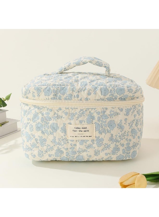 MIMOE Large Quilted Makeup Bag Set, Floral Cotton Cosmetic Bag Organizer with Handle, Zippered Toiletry Pouch for Women Traveling Daily Use, Elegant Blue Botanical Design 3 Different Size - Image 2