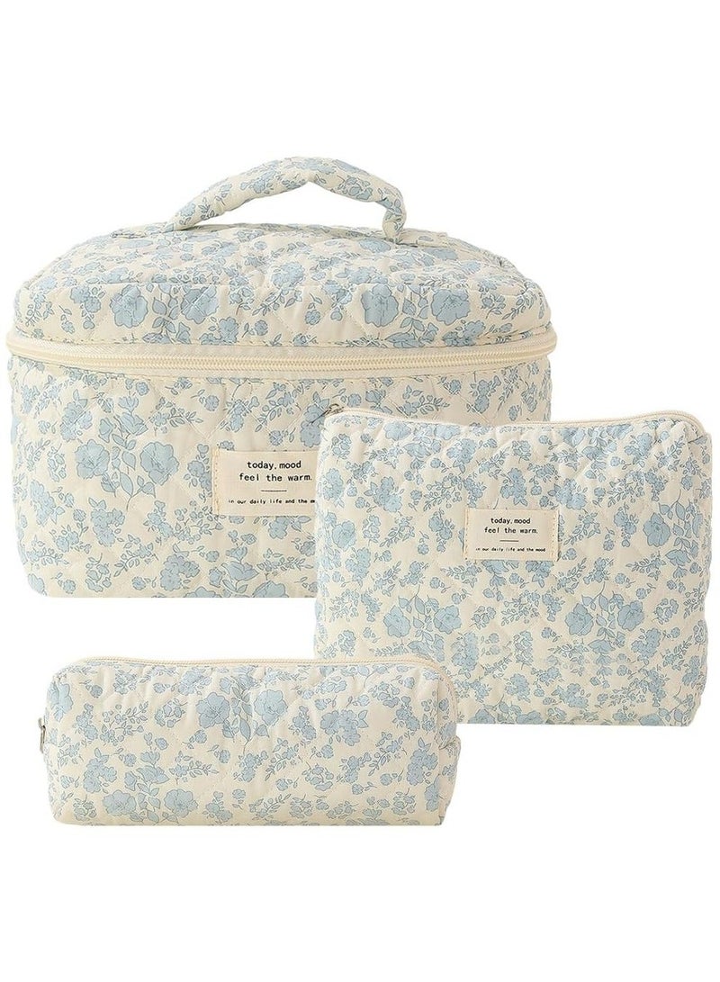 MIMOE Large Quilted Makeup Bag Set, Floral Cotton Cosmetic Bag Organizer with Handle, Zippered Toiletry Pouch for Women Traveling Daily Use, Elegant Blue Botanical Design 3 Different Size - Image 1