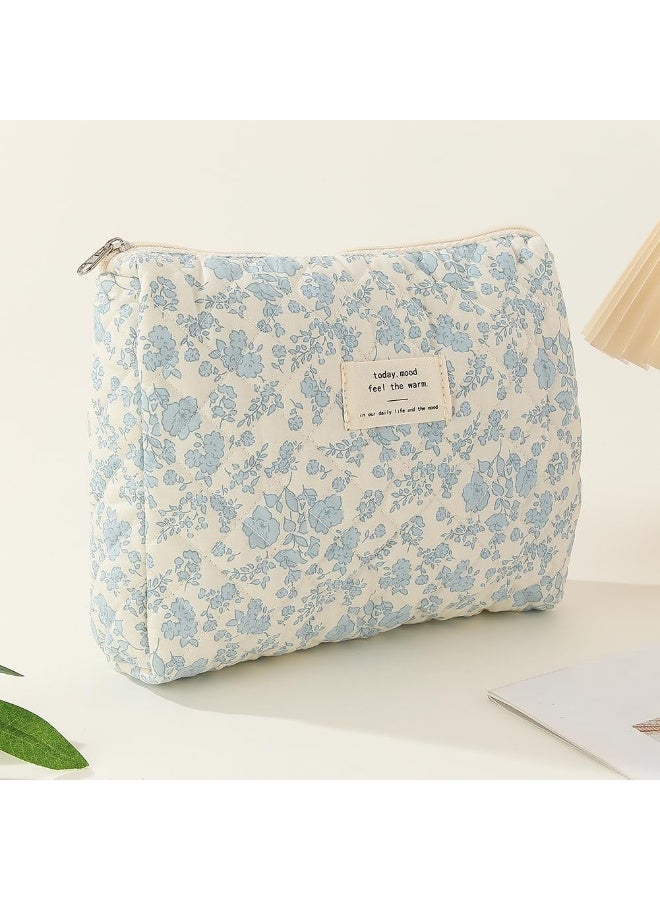 MIMOE Large Quilted Makeup Bag Set, Floral Cotton Cosmetic Bag Organizer with Handle, Zippered Toiletry Pouch for Women Traveling Daily Use, Elegant Blue Botanical Design 3 Different Size - Image 3