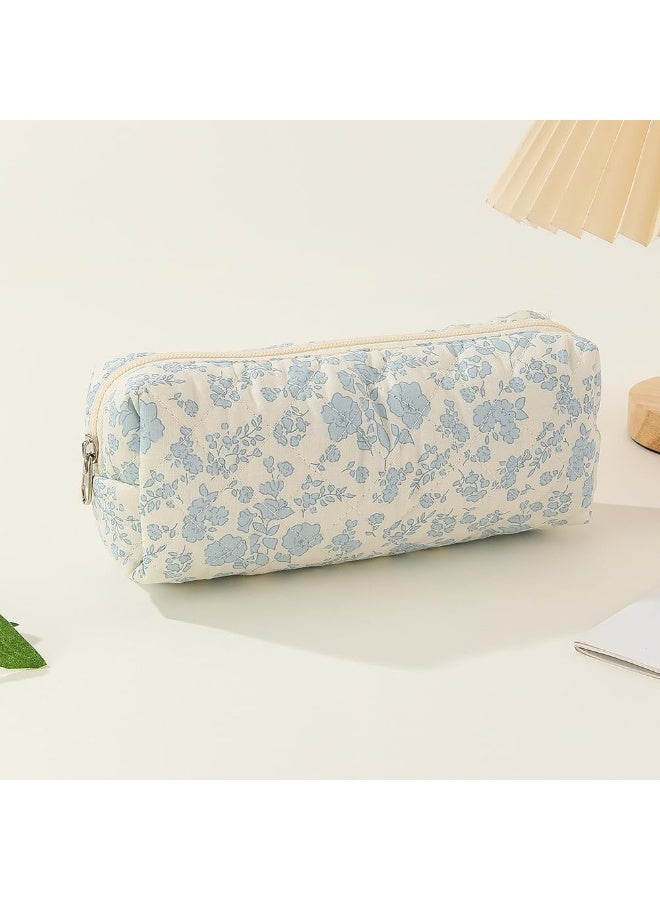 MIMOE Large Quilted Makeup Bag Set, Floral Cotton Cosmetic Bag Organizer with Handle, Zippered Toiletry Pouch for Women Traveling Daily Use, Elegant Blue Botanical Design 3 Different Size - Image 4