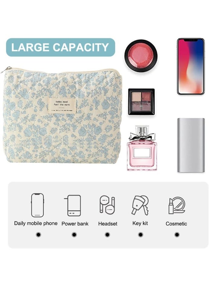 MIMOE Large Quilted Makeup Bag Set, Floral Cotton Cosmetic Bag Organizer with Handle, Zippered Toiletry Pouch for Women Traveling Daily Use, Elegant Blue Botanical Design 3 Different Size - Image 5