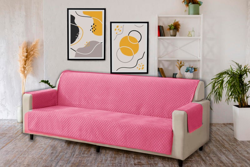KINGLY Velvet Quilted Universal Elastic Sofa Cover Non-Slip Sofa Protector 7 Seater Armchair Cover with Machine Washable Adjustable Elastic Straps (4+3 Seater) (Baker-Miller Pink) - Image 1