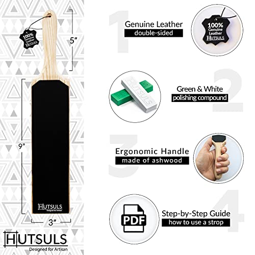 Hutsuls Leather Strop for Knife Sharpening - Get Razor-Sharp Edges with 3" x 9" Double Sided Paddle Strop Block, Easy to Use Knife Strop with Ergonomic Handle & Stropping Leather Knife Sharpener Guide - Image 2