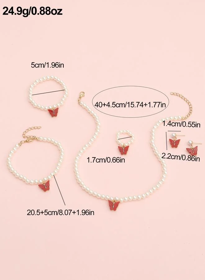Take Two  Girls Multi-Color Sequin Butterfly Charm Pearl Nacklace, Bracelet, Ring and Earrings Set for Women | Best Price UAE