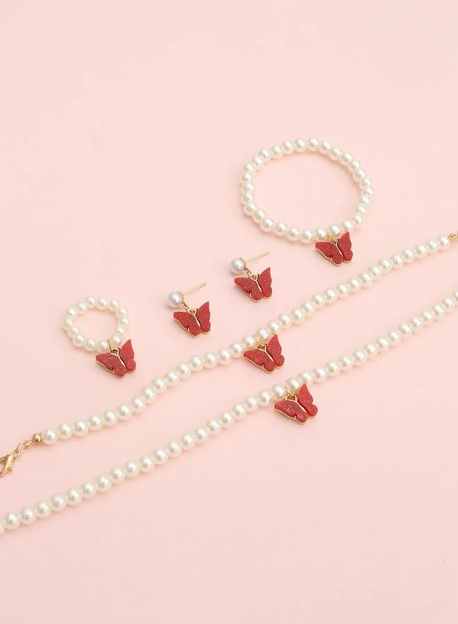 Take Two  Girls Multi-Color Sequin Butterfly Charm Pearl Nacklace, Bracelet, Ring and Earrings Set for Women | Best Price UAE