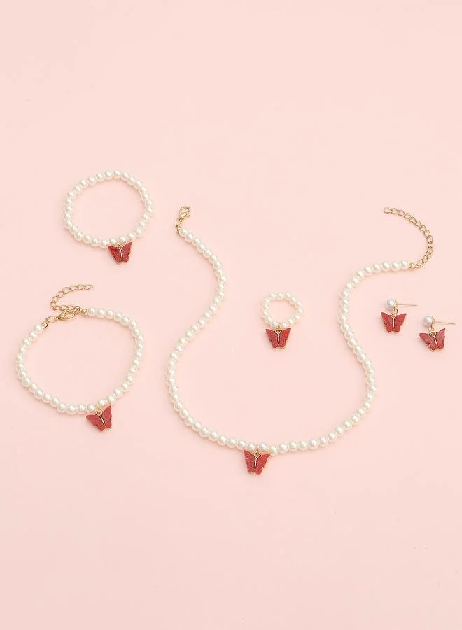 Girls Multi-Color Sequin Butterfly Charm Pearl Nacklace, Bracelet, Ring and Earrings Set