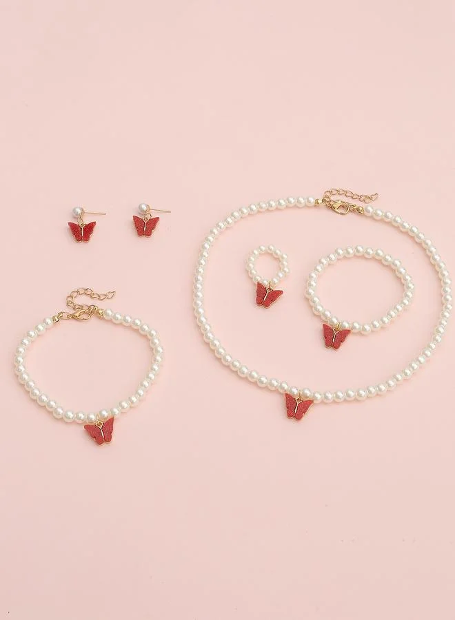 Take Two  Girls Multi-Color Sequin Butterfly Charm Pearl Nacklace, Bracelet, Ring and Earrings Set for Women | Best Price UAE