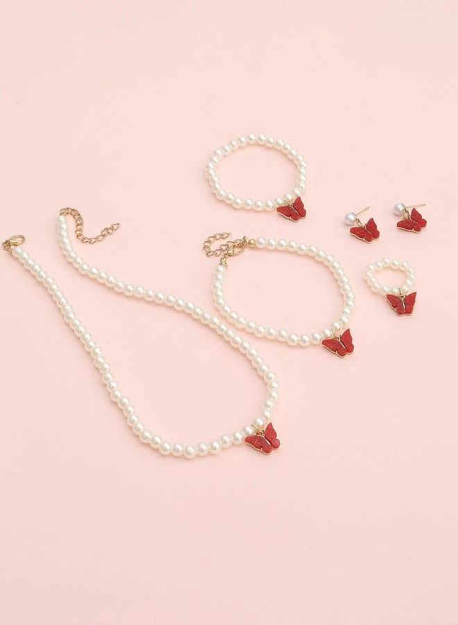Take Two  Girls Multi-Color Sequin Butterfly Charm Pearl Nacklace, Bracelet, Ring and Earrings Set for Women | Best Price UAE