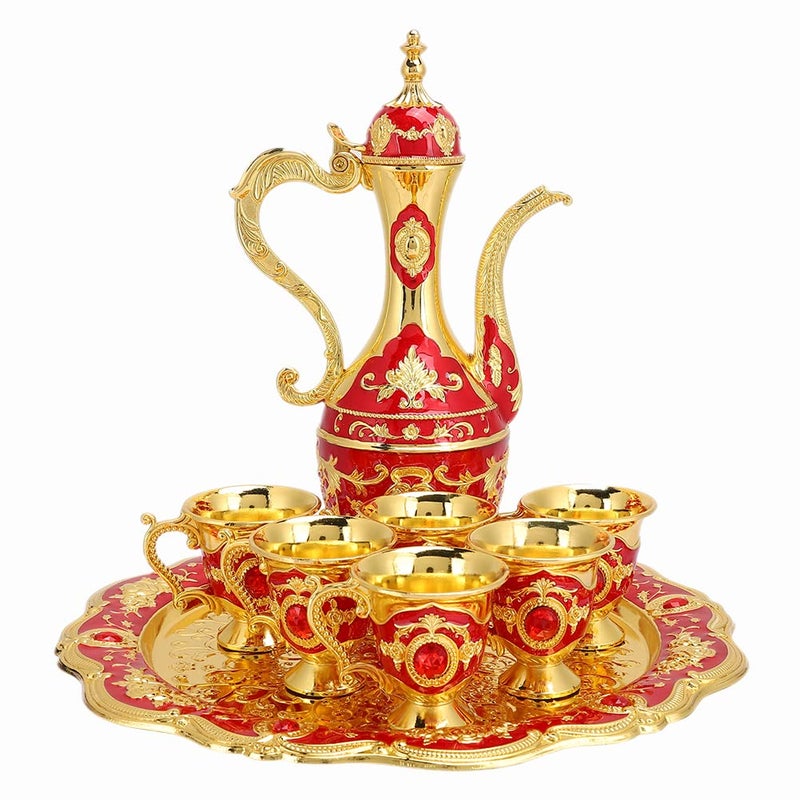 KUIDAMOS Vintage Turkish Coffee Pot Set,8.46x5.11 inch Tea Sets for Women With Teapot Tray and 6 Cups Craft Decorations Flagon Set Turkish Coffee Cup Set Turkish Teapot for Home Decor for Relatives,Small Size - Image 1