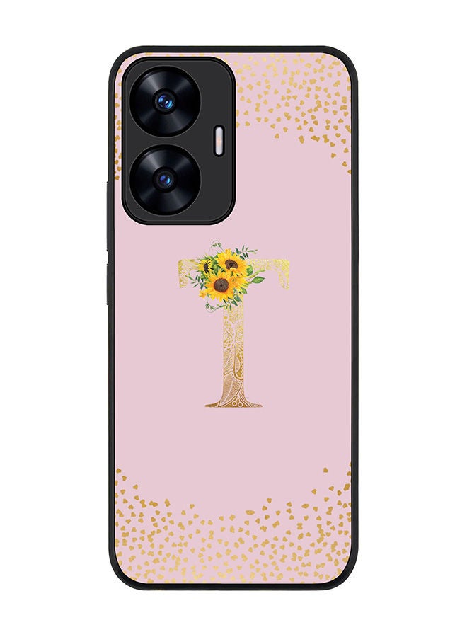 Rugged Black edge case for Realme C55 4G Slim fit Soft Case Flexible Rubber Edges Anti Drop TPU Gel Thin Cover -  Custom Monogram Initial Letter Floral Pattern Alphabet - T  (Pink )