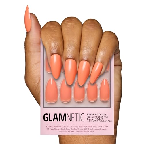 Glamnetic Press On Nails Soft Tangerine Medium Almond Orange Fake Nails with Glossy Finish Salon Quality 15 Sizes 30 Nail Kit with Glue - Image 1