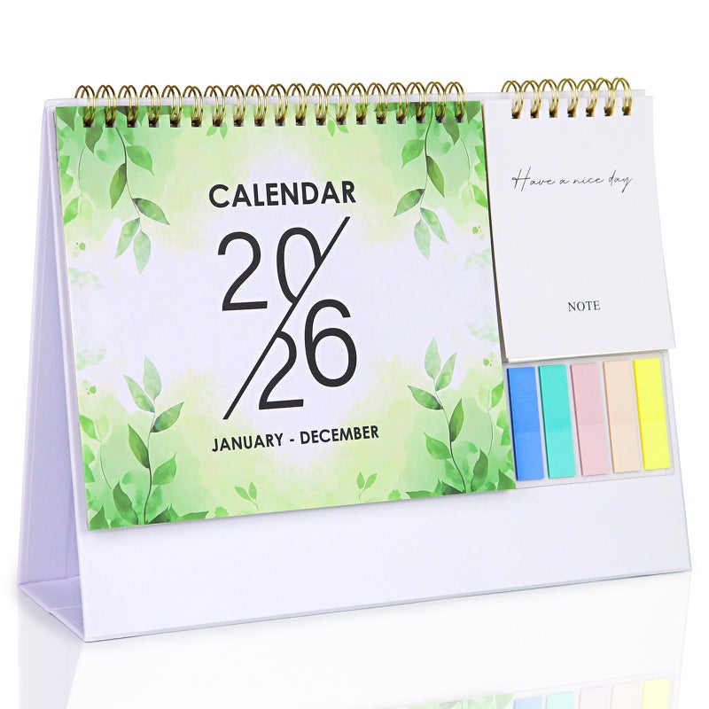 Aosemili 2026 Desk Calendar Small Standing Desktop Calendar (Jan-Dec. 2026) for Office Home Tabletop, 2026 Small Flip Calender with Writing Notepads and Sticky Notes, Green - Image 1