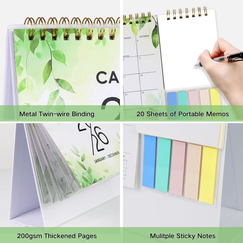 Aosemili 2026 Desk Calendar Small Standing Desktop Calendar (Jan-Dec. 2026) for Office Home Tabletop, 2026 Small Flip Calender with Writing Notepads and Sticky Notes, Green - Image 4