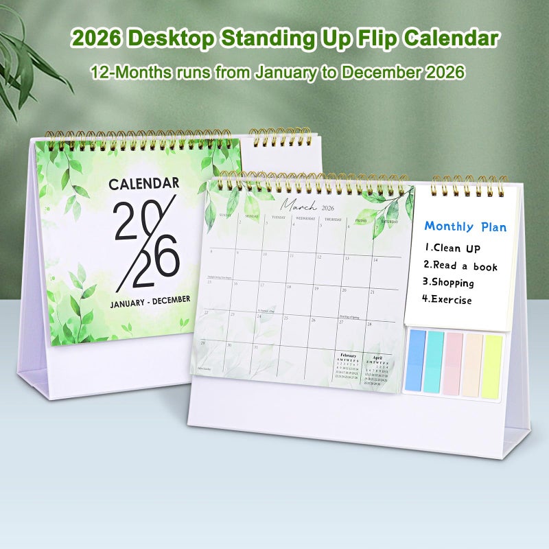 Aosemili 2026 Desk Calendar Small Standing Desktop Calendar (Jan-Dec. 2026) for Office Home Tabletop, 2026 Small Flip Calender with Writing Notepads and Sticky Notes, Green - Image 2